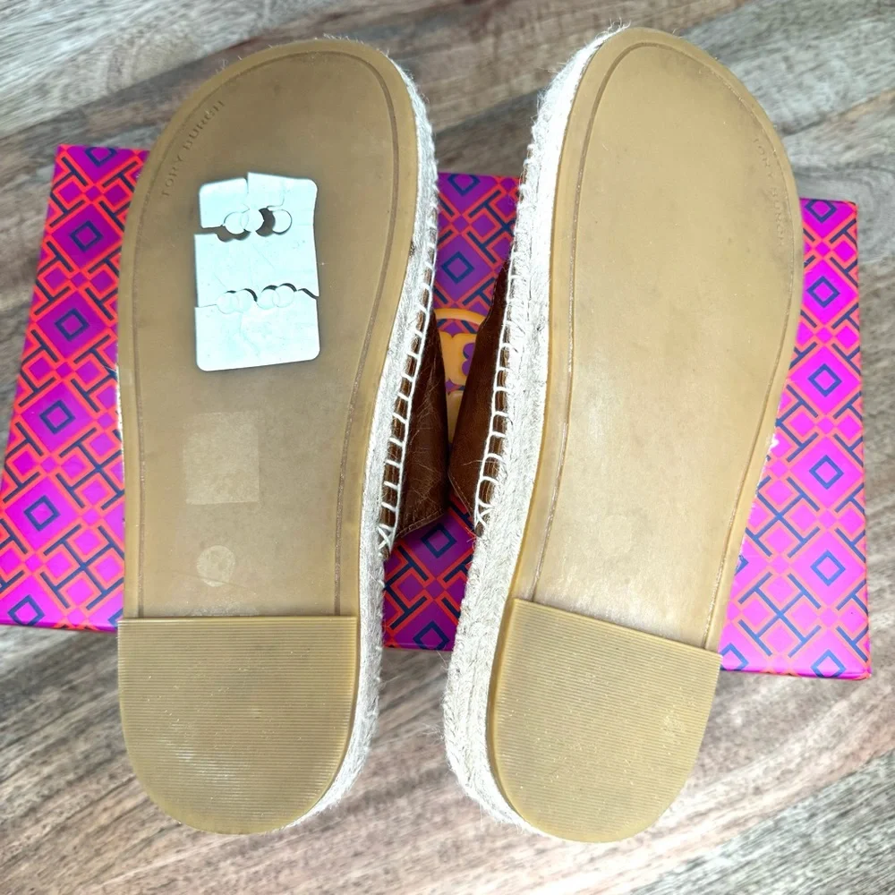 Tory Burch Selby Two Band Espadrille Slide Sandal Waxy Napa Leather Syru…